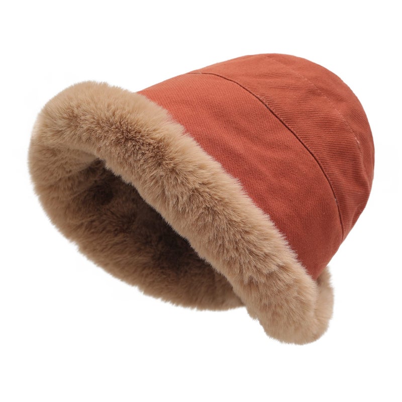 ZLYC Women Winter Furry Bucket Hat Rolled Brim Faux Fur Cloche Hat with Fleece Lining (Solid Rust) - Image 1