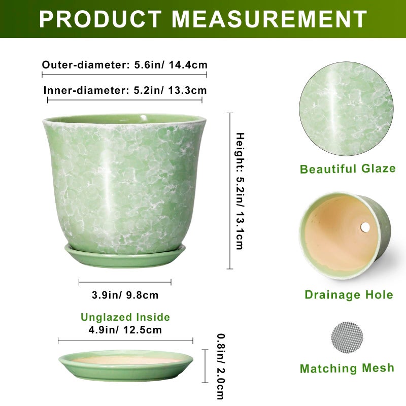SUNPOTFOR Ceramic Plant Pots - 5.6 Inch Plant Pot with Drainage Hole and Saucer, Round Orchid Succulent Pots for Indoor Outdoor, Small Modern Planter, Desk Window Room Decor, Green - Image 2