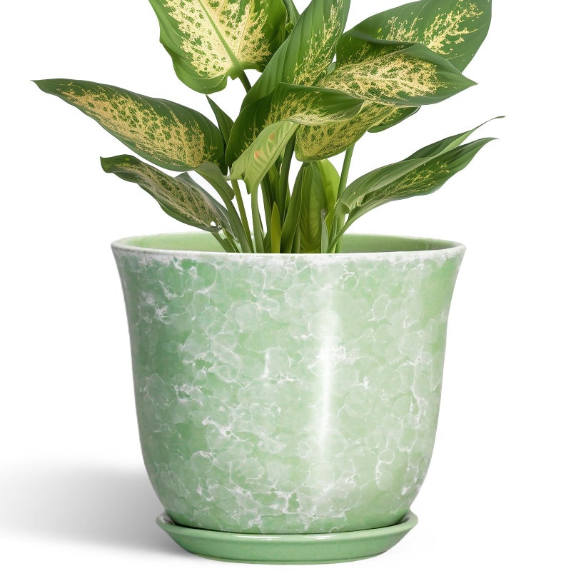 SUNPOTFOR Ceramic Plant Pots - 5.6 Inch Plant Pot with Drainage Hole and Saucer, Round Orchid Succulent Pots for Indoor Outdoor, Small Modern Planter, Desk Window Room Decor, Green - Image 1