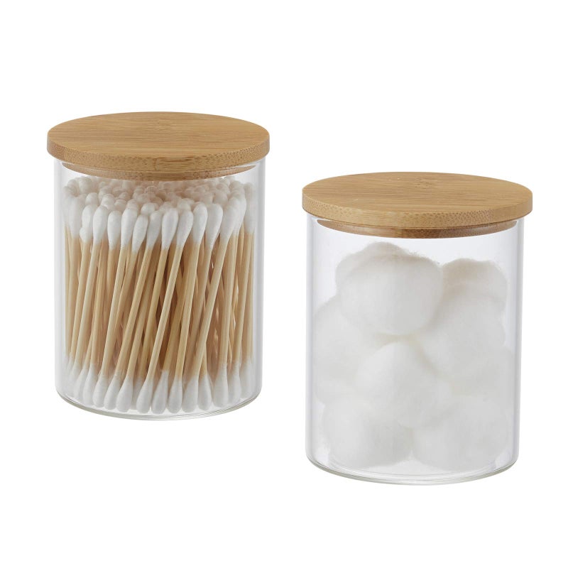 INIUNIK Glass Qtip Holder with Vanity Tray, Apothecary Jars Bathroom Accessories Bathroom Canisters Organizer Countertop Q Tip Holder for Cotton Ball Round Swab Pad Hair Ties Floss Perfume Jewelry - Image 2