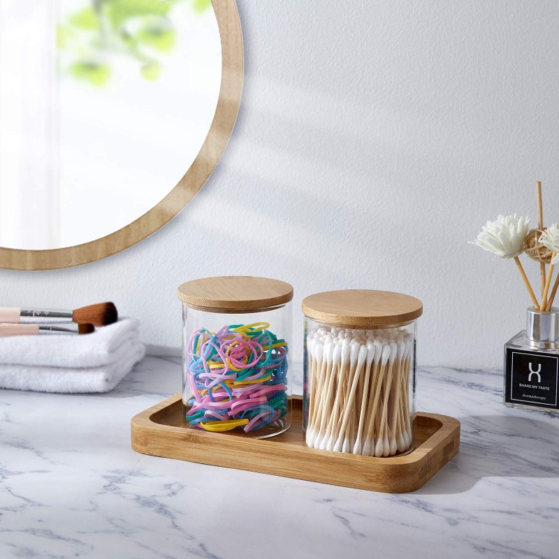 INIUNIK Glass Qtip Holder with Vanity Tray, Apothecary Jars Bathroom Accessories Bathroom Canisters Organizer Countertop Q Tip Holder for Cotton Ball Round Swab Pad Hair Ties Floss Perfume Jewelry - Image 5