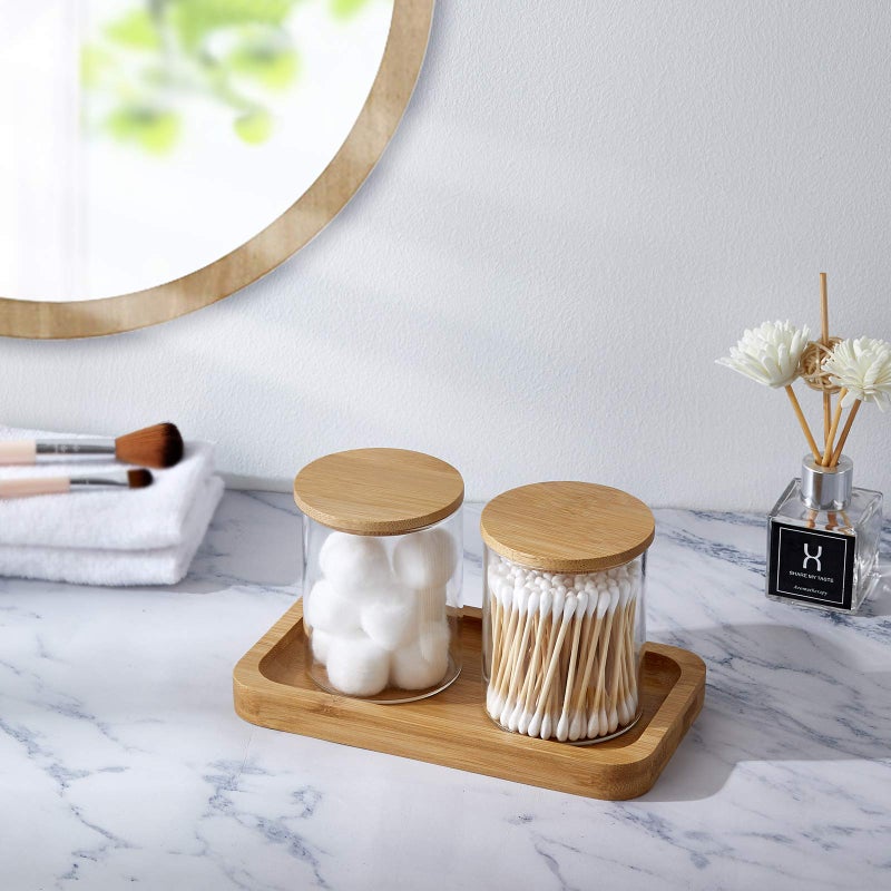 INIUNIK Glass Qtip Holder with Vanity Tray, Apothecary Jars Bathroom Accessories Bathroom Canisters Organizer Countertop Q Tip Holder for Cotton Ball Round Swab Pad Hair Ties Floss Perfume Jewelry - Image 4