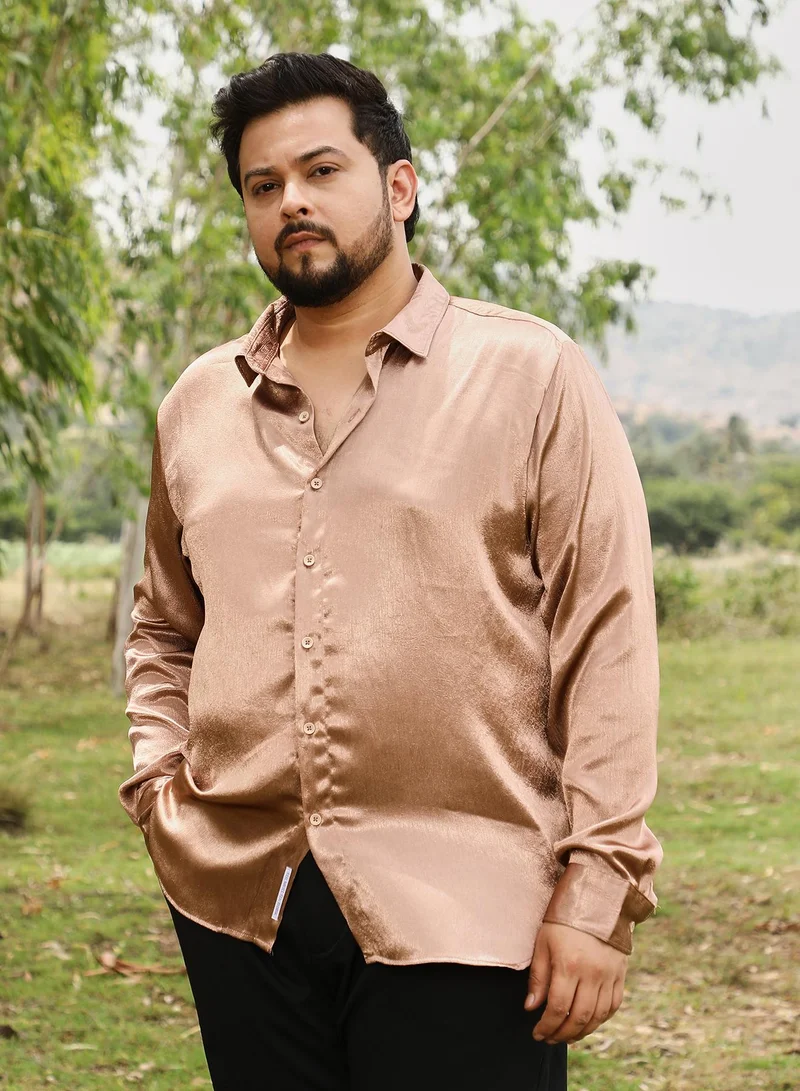 Instafab Plus  Instafab Men's Bronze Brown Gleaming Crushed-Satin Shirt | Spread Collar , Long Cuffed Sleeves , Button Closure | Solid Crushed Satin | Satin Shirt For Party  Wear for Men | Best Price UAE