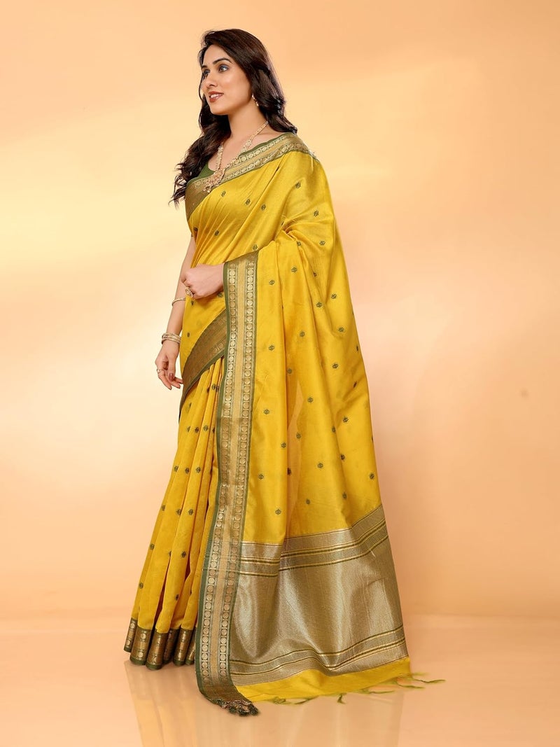 Sidhidata Women's Mustard Cotton Silk Jacquard Bordered Saree with Unstitched Blouse Piece - Image 5