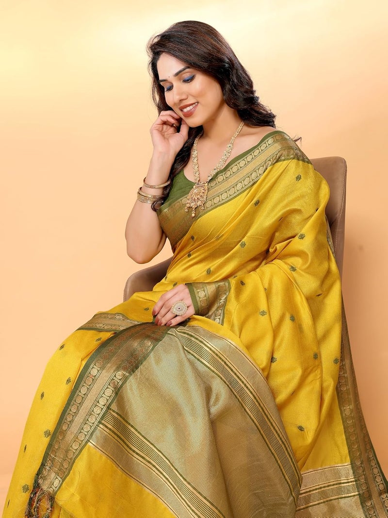 Sidhidata Women's Mustard Cotton Silk Jacquard Bordered Saree with Unstitched Blouse Piece - Image 2