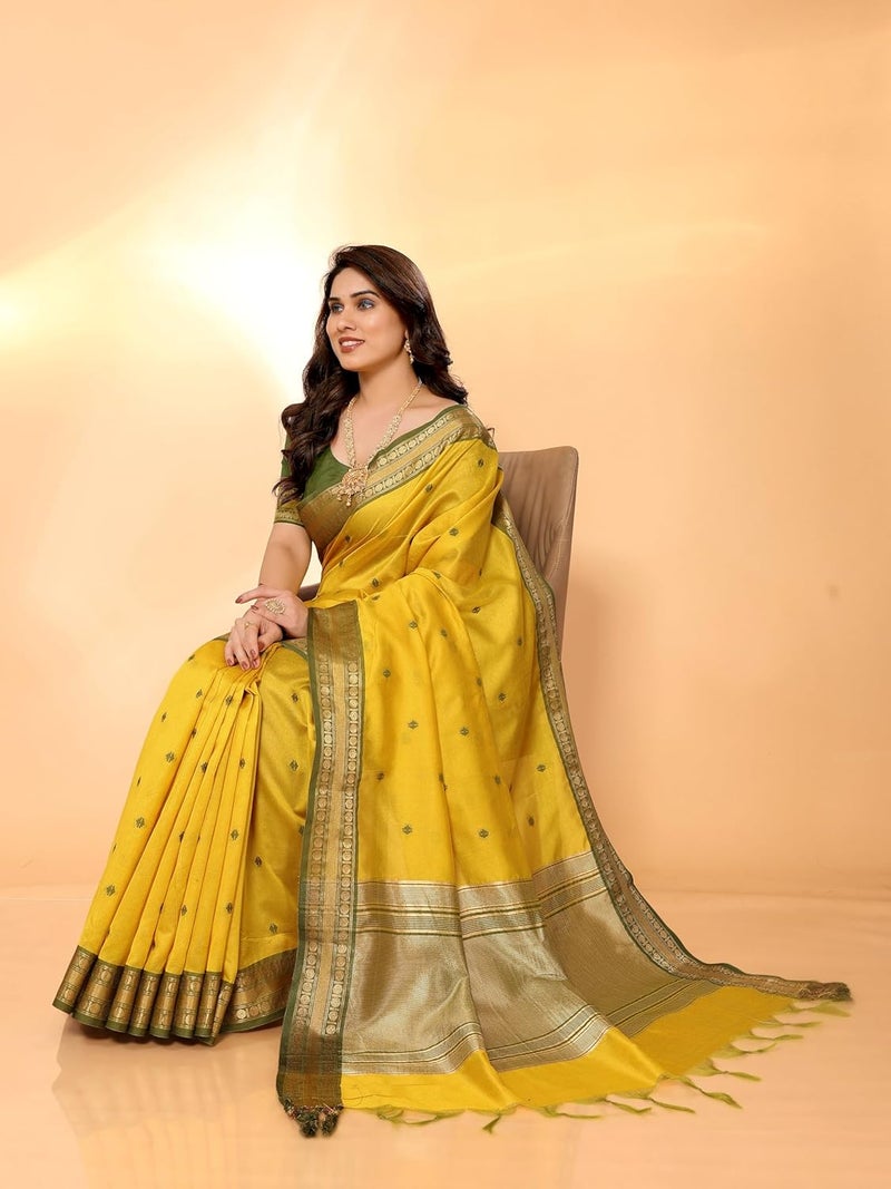 Sidhidata Women's Mustard Cotton Silk Jacquard Bordered Saree with Unstitched Blouse Piece - Image 4