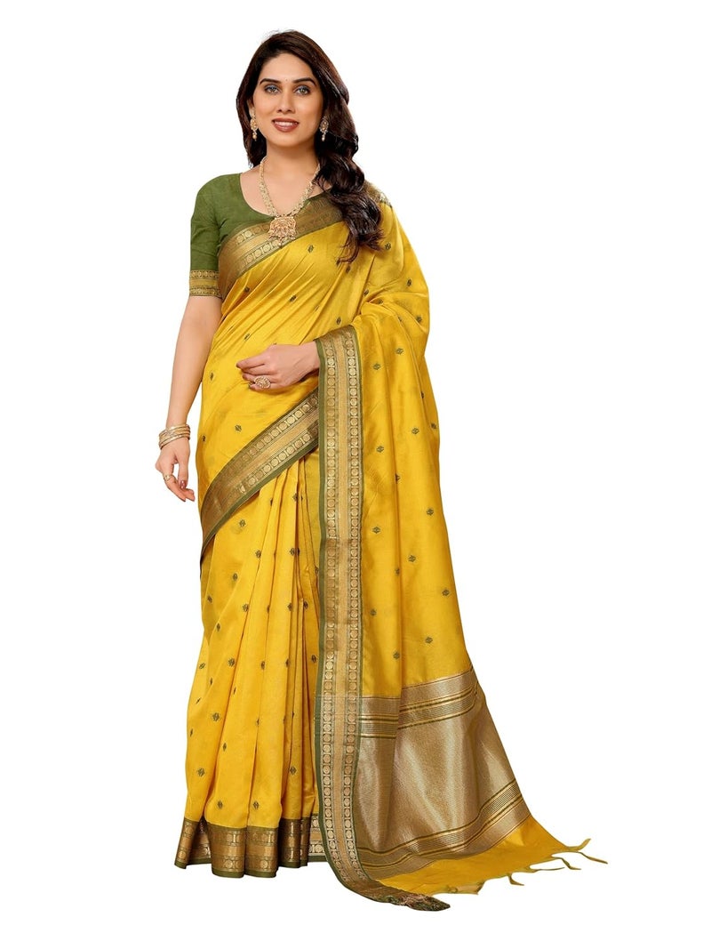 Sidhidata Women's Mustard Cotton Silk Jacquard Bordered Saree with Unstitched Blouse Piece - Image 1