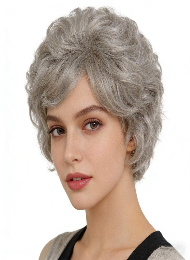 GNIMEGIL Short Curly Silver Gray Wigs for Women in Synthetic Wig with Natural Bangs Soft Lightweight Daily Wear Hair for Cosplay Halloween Costume Older Ladies, Themed Parties and Everyday Style - Image 1