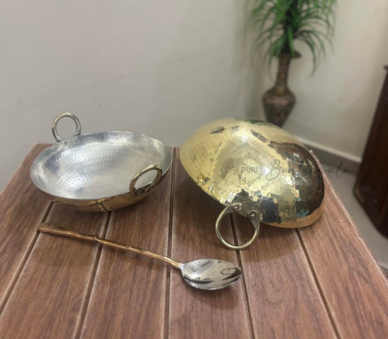 PURI BARTANWALA - Brass/Pital Non Stick Kadai for Cooking 10 Inch with Tin/Kalai Plating Inside ? Handcrafted - Image 5