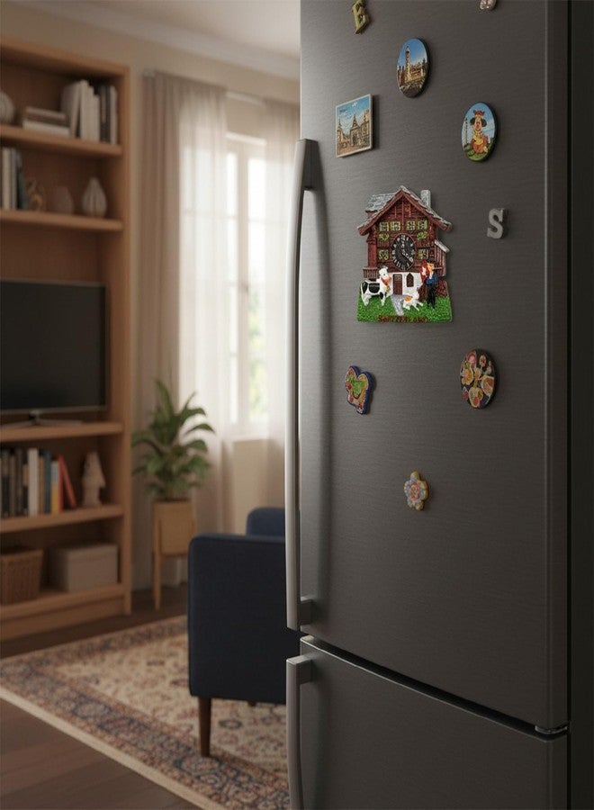 Krisah Switzerland 3D Fridge Magnet, Travel Souvenir, Home Decoration, Chalet House with Clock, Cow and Farmer Figurines, 6.5 cm - Image 4