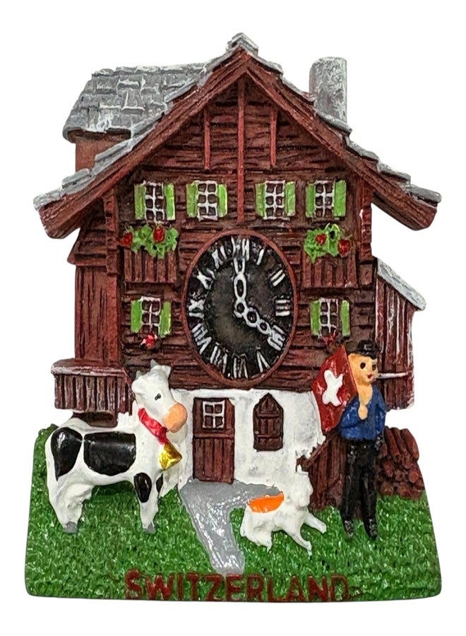 Krisah Switzerland 3D Fridge Magnet, Travel Souvenir, Home Decoration, Chalet House with Clock, Cow and Farmer Figurines, 6.5 cm - Image 1