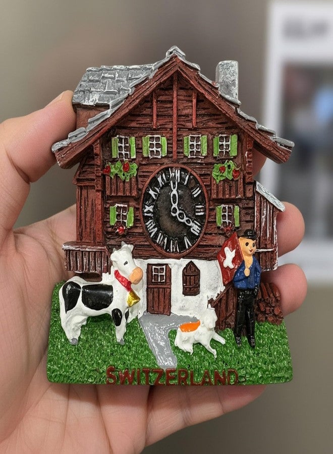 Krisah Switzerland 3D Fridge Magnet, Travel Souvenir, Home Decoration, Chalet House with Clock, Cow and Farmer Figurines, 6.5 cm - Image 3