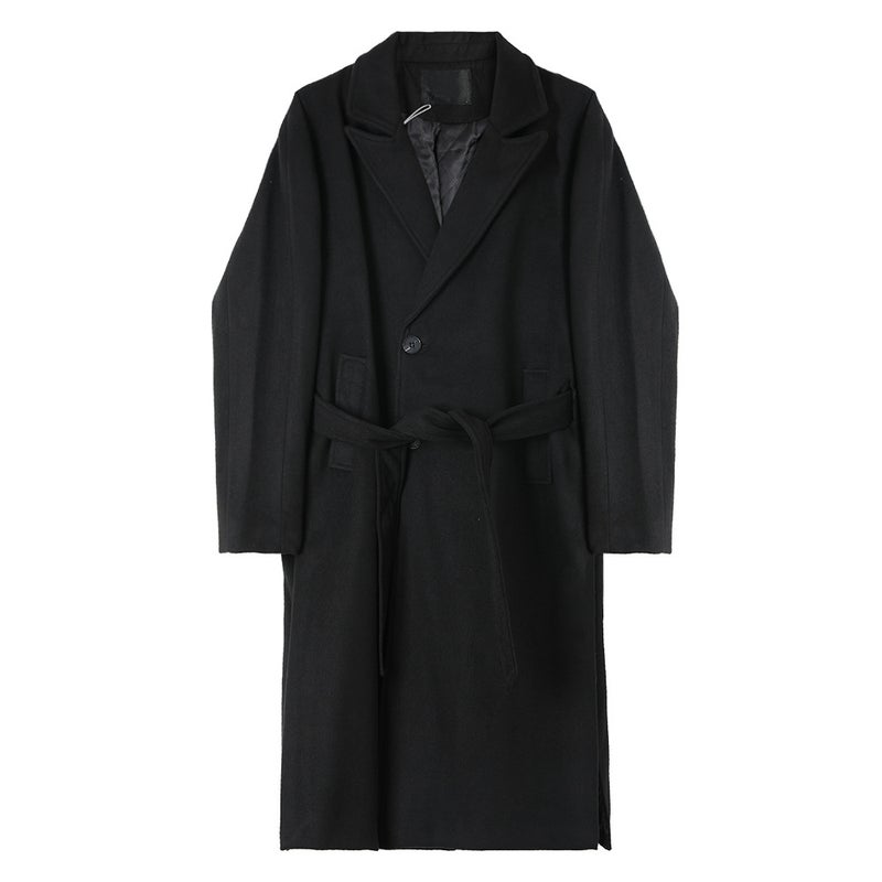 Korean Simple Elegant Black Woolen Coat Women Autumn Winter Padded Belted Black