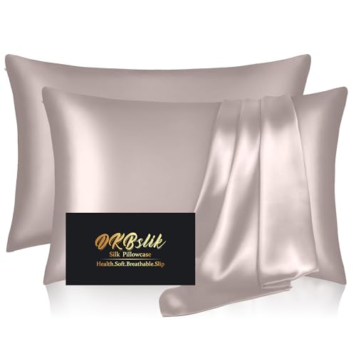 DKBslik Silk Pillow Cases 2 Pack Mulberry Silk Pillowcases Standard Set of 2 Smooth Anti Acne Both Sides Natural Silk Satin Pillow Cases for Sleeping Women 2 Pack with Zipper Taupe - Image 1