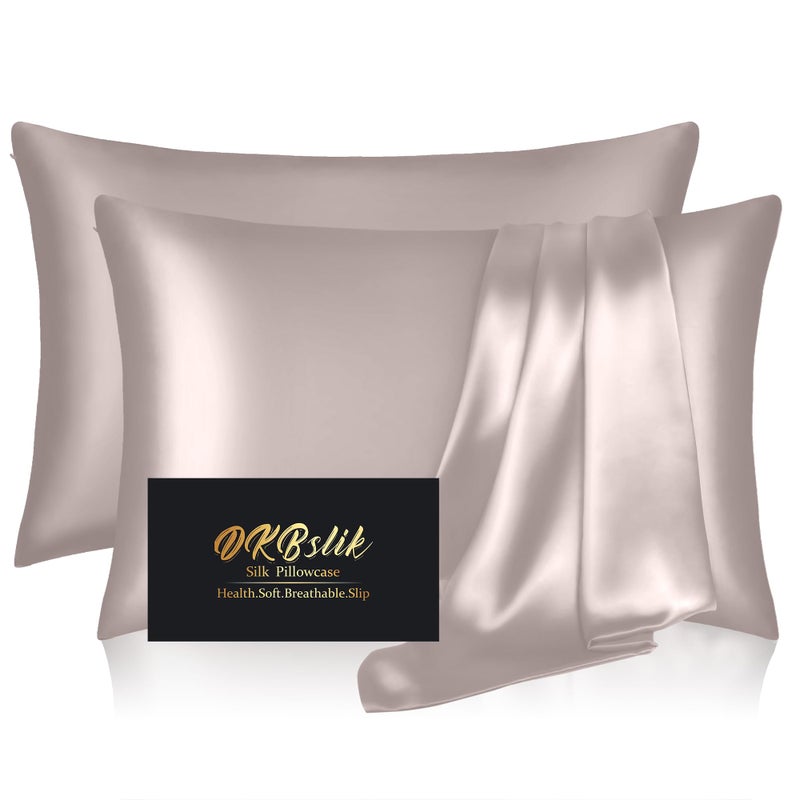 DKBslik Silk Pillow Cases 2 Pack Mulberry Silk Pillowcases Standard Set of 2 Smooth Anti Acne Both Sides Natural Silk Satin Pillow Cases for Sleeping Women 2 Pack with Zipper Taupe - Image 2