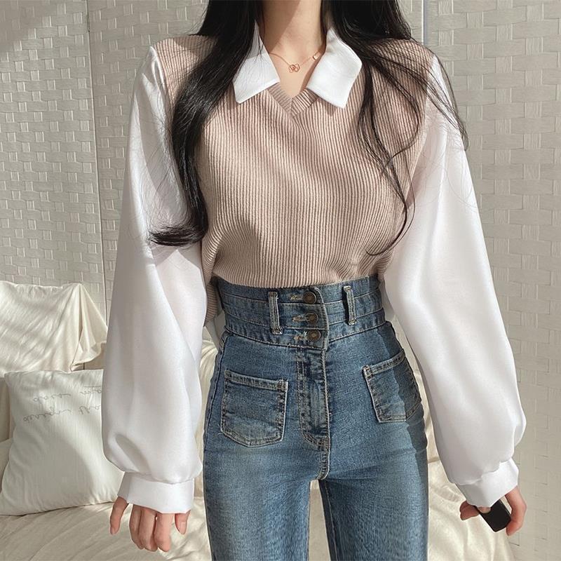 2025 Plus Size Fat Girl Fake Two-Piece T-Shirt Women's Patchwork Polo Collar Long Sleeve Sweatshirt Ribbed Loose Versatile Top - Image 2