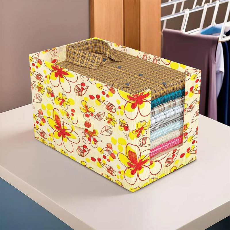 Kuber Industries Floral Print Shirt Organizer for WardrobeFoldable Non Woven Shirt StackerDesigner Cupboard Organizer for Clothes Clothes Storage boxPack of 4 Cream - Image 2
