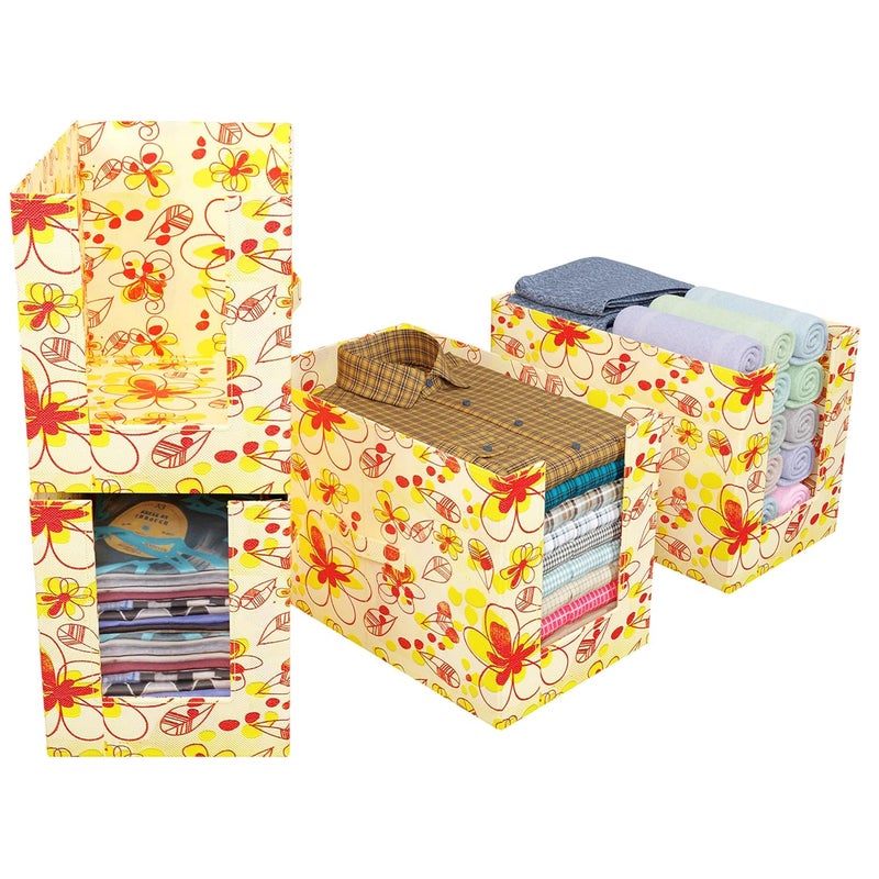Kuber Industries Floral Print Shirt Organizer for WardrobeFoldable Non Woven Shirt StackerDesigner Cupboard Organizer for Clothes Clothes Storage boxPack of 4 Cream - Image 1