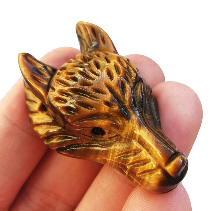 Bacatgem Natural Tigers Eye 157 inchs Wolf Head Pocket Crystals and Healing Stone FigurineHaped DIYJewelry Pendant