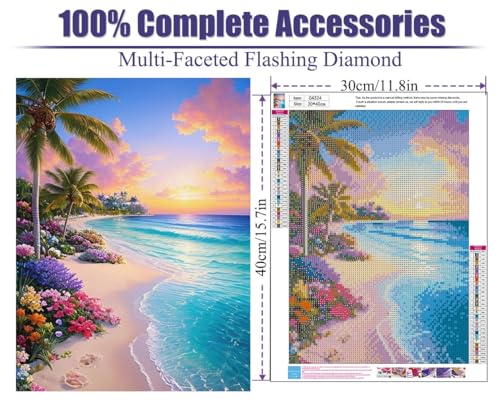 eniref Diamond Art Kits for AdultsBeach Sunset DIY 5D Round Full Drill Diamond Painting Gem Art Kits for Crafts Gift and Home Wall DecorFlowers Coconut Trees Sea Diamond Dots Kit 12x16 Inch - Image 3