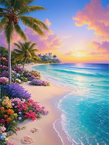 eniref Diamond Art Kits for AdultsBeach Sunset DIY 5D Round Full Drill Diamond Painting Gem Art Kits for Crafts Gift and Home Wall DecorFlowers Coconut Trees Sea Diamond Dots Kit 12x16 Inch - Image 1