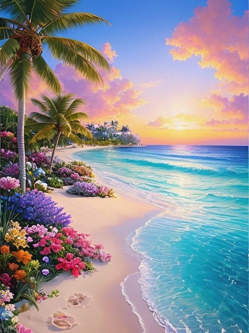eniref Diamond Art Kits for AdultsBeach Sunset DIY 5D Round Full Drill Diamond Painting Gem Art Kits for Crafts Gift and Home Wall DecorFlowers Coconut Trees Sea Diamond Dots Kit 12x16 Inch - Image 2