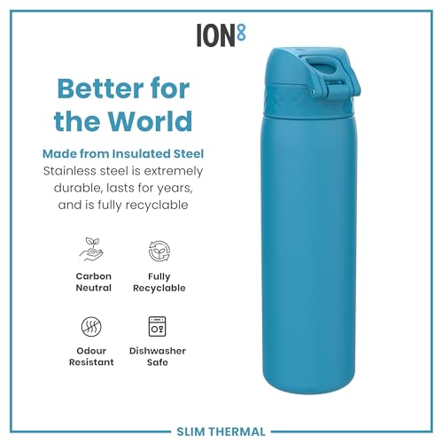 ION8 Vacuum Insulated Steel Water Bottle, 500 ml/18 oz, Leak Proof, Easy to Open, Secure Lock, Dishwasher Safe, Fits Cup Holders, Carry Handle, Scratch Resistant, Durable Stainless Steel, Blue - Image 5