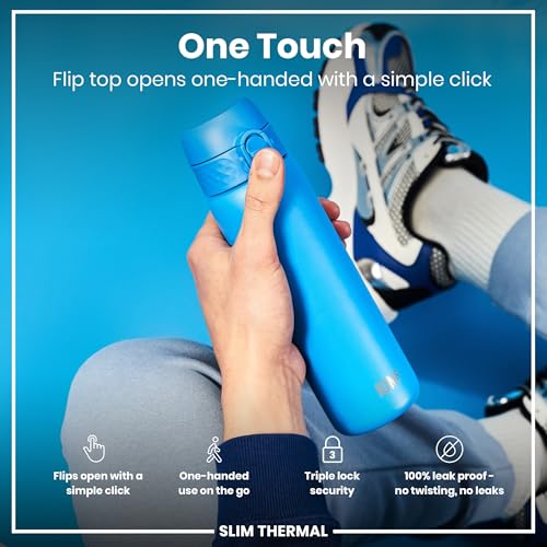 ION8 Vacuum Insulated Steel Water Bottle, 500 ml/18 oz, Leak Proof, Easy to Open, Secure Lock, Dishwasher Safe, Fits Cup Holders, Carry Handle, Scratch Resistant, Durable Stainless Steel, Blue - Image 3