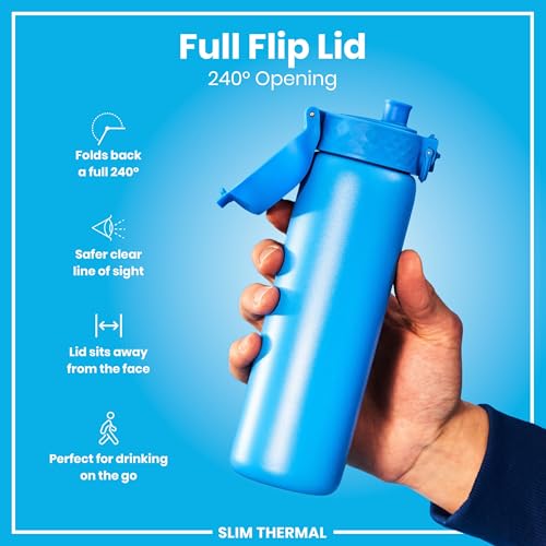 ION8 Vacuum Insulated Steel Water Bottle, 500 ml/18 oz, Leak Proof, Easy to Open, Secure Lock, Dishwasher Safe, Fits Cup Holders, Carry Handle, Scratch Resistant, Durable Stainless Steel, Blue - Image 4
