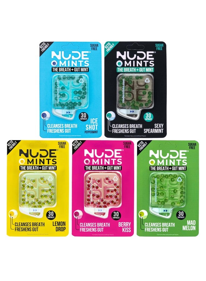 NUDE NUDE MINTS | Dual Action Liquid Capsules | Mouth Watering Mint - Lasts 3X Longer - 3X Stronger - Extreme Bad Breath Treatment For Adults - Sugar Free, 0 Calorie - Variety - 5 Pack - 150 Capsules - Image 1