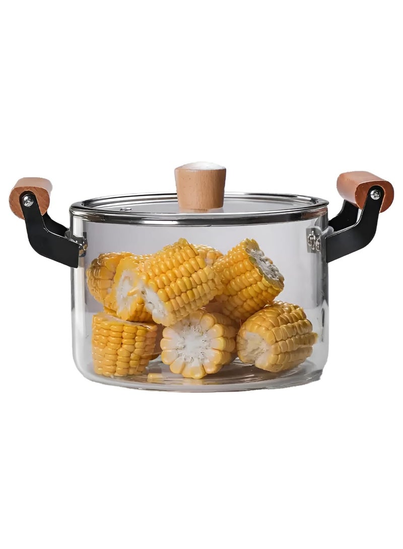 Reko 3.5L Kitchen Cooking Saucepan With Lid And Double Wooden Handle Glass Saucepan with Cover, Heat-resistant Glass Stovetop Clear Cooktop Safe for Pasta Noodle, Soup, Milk, Baby Food making or Heating - Image 1