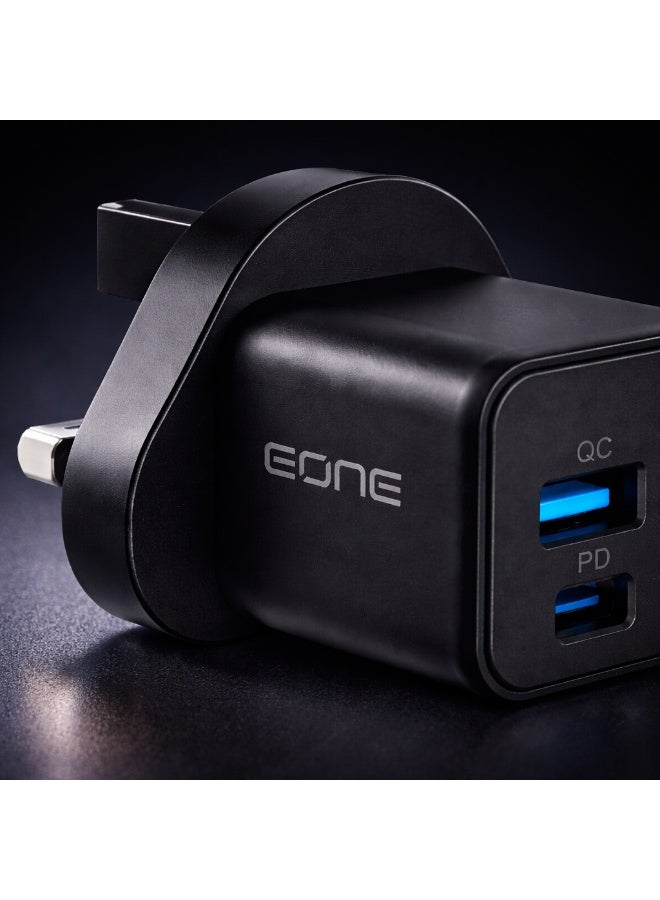 EONE 20W GaN Fast Charger UK Plug, Dual Port USB-C PD & USB-A QC Wall Charger with Cable, Compact Travel Charger for iPhone, iPad, AirPods & Devices – Black - Image 4