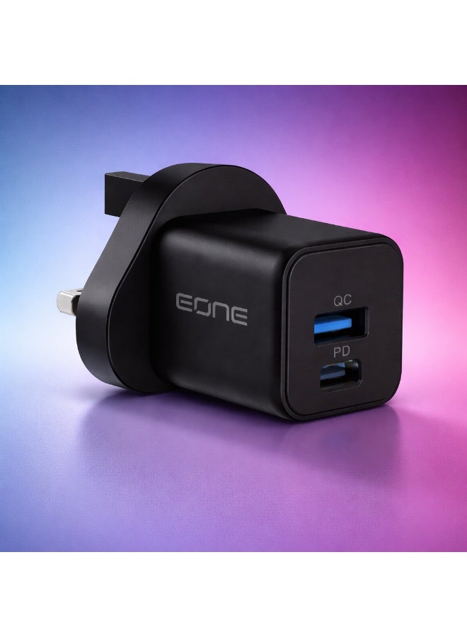 EONE 20W GaN Fast Charger UK Plug, Dual Port USB-C PD & USB-A QC Wall Charger with Cable, Compact Travel Charger for iPhone, iPad, AirPods & Devices – Black - Image 2