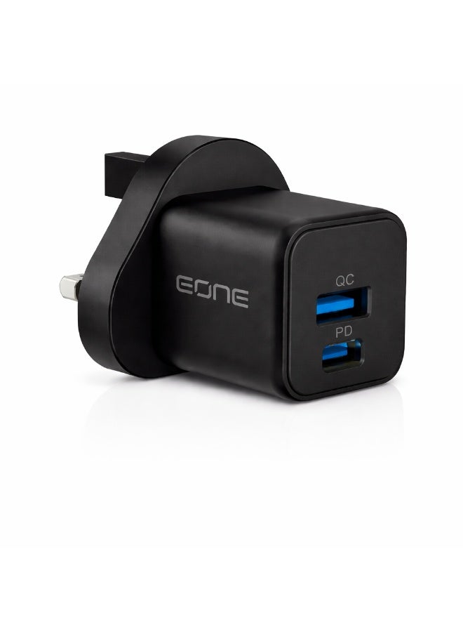 EONE 20W GaN Fast Charger UK Plug, Dual Port USB-C PD & USB-A QC Wall Charger with Cable, Compact Travel Charger for iPhone, iPad, AirPods & Devices – Black - Image 1