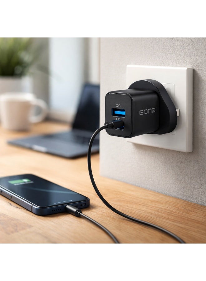 EONE 20W GaN Fast Charger UK Plug, Dual Port USB-C PD & USB-A QC Wall Charger with Cable, Compact Travel Charger for iPhone, iPad, AirPods & Devices – Black - Image 3