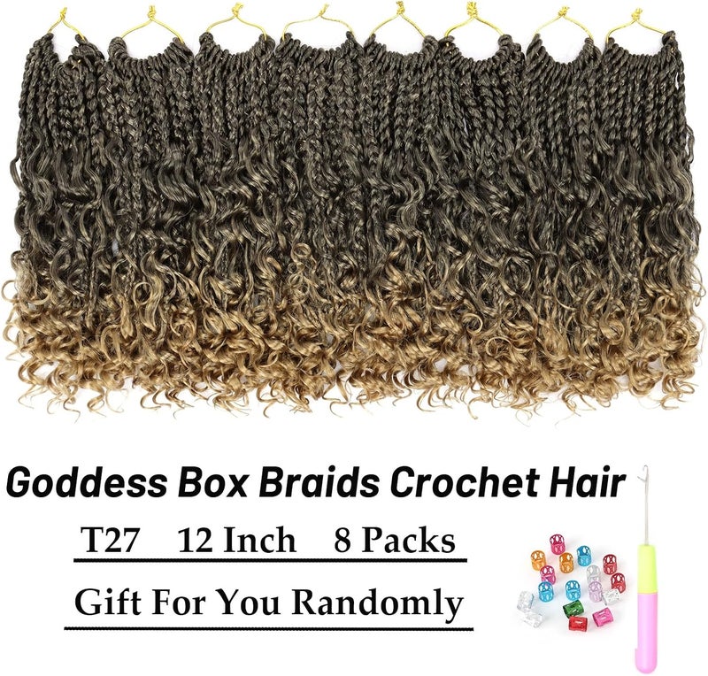 Eerya Goddess Box Braids Crochet Hair 12 Inch 8 Packs Pre-looped Bohemian Crochet Boho Box Braids With Curly Ends 3X Crochet Braids Hair for Women Synthetic Braiding (12 inch, T27) - Image 2