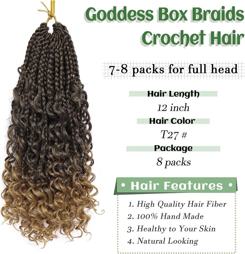 Eerya Goddess Box Braids Crochet Hair 12 Inch 8 Packs Pre-looped Bohemian Crochet Boho Box Braids With Curly Ends 3X Crochet Braids Hair for Women Synthetic Braiding (12 inch, T27) - Image 3