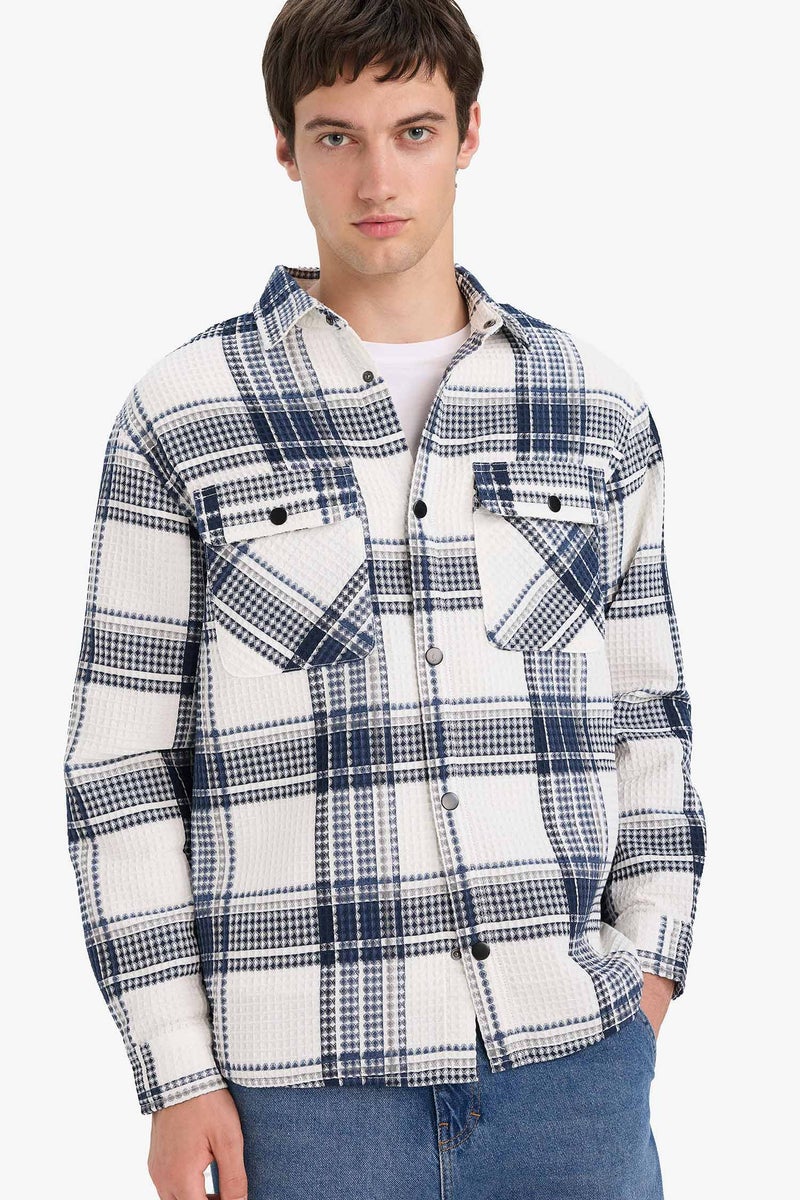 DeFacto Blue Man Relax Fit Long Sleeve Waffle Shirt Casual - Image 1