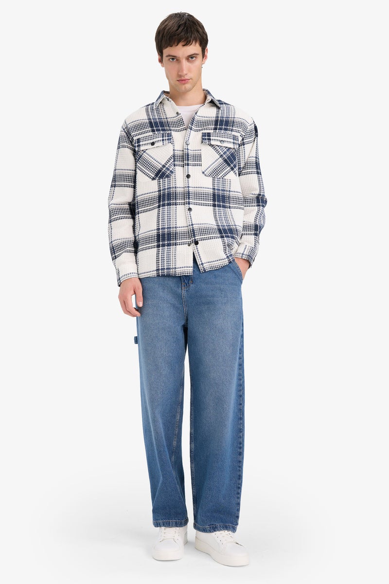 DeFacto Blue Man Relax Fit Long Sleeve Waffle Shirt Casual - Image 2