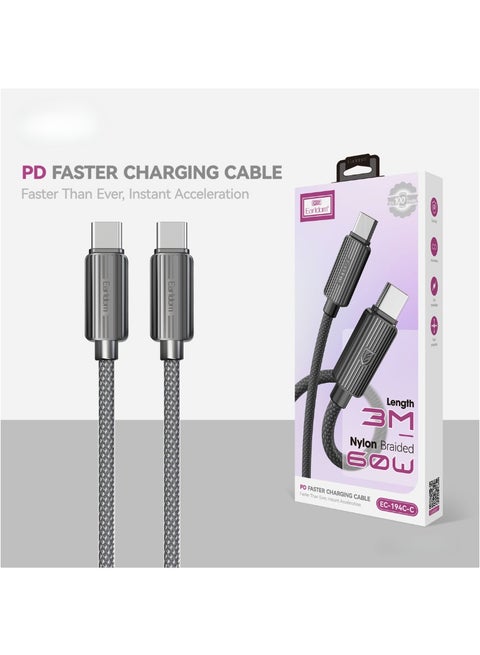 3M USB-C to USB-C Fast Charging Cable – 60W (3A) Nylon Braided Power Cord for iPhone 16/16 Pro/16 Pro Max/16 Plus, 15 Series, iPad Pro/Mini 6, MacBook Pro, Samsung Galaxy S24/S23/S22 & All Type-C Devices – Black