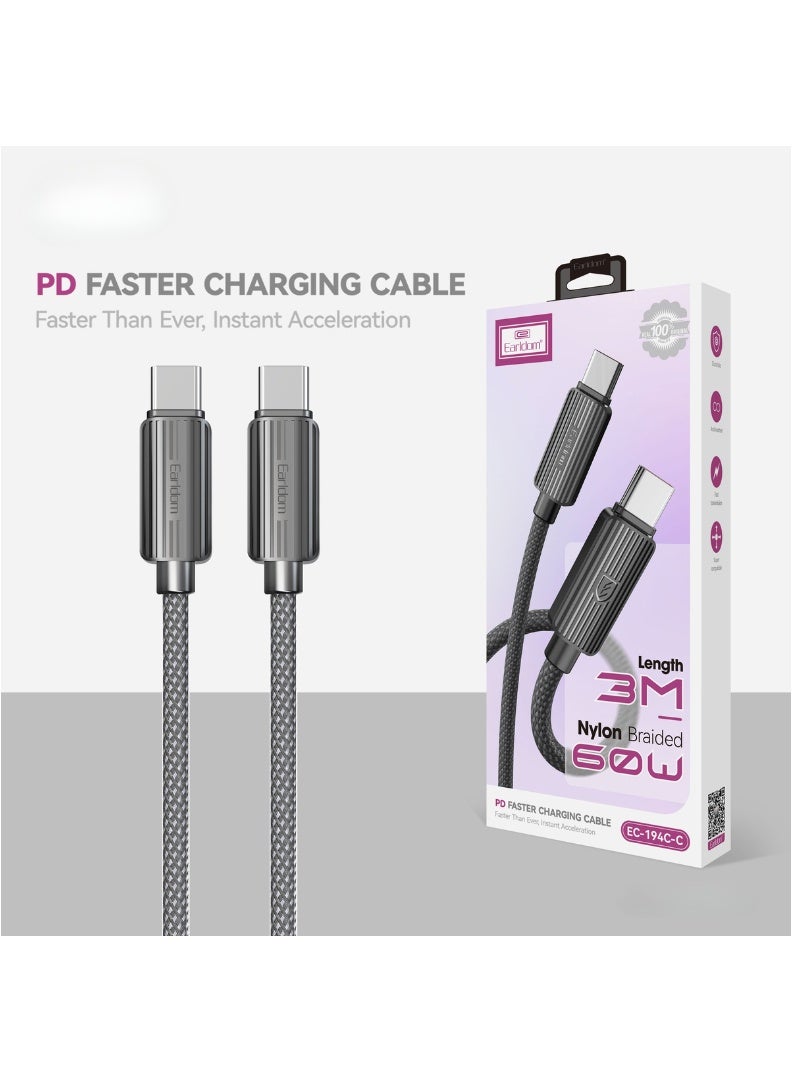 Earldom 3M USB-C to USB-C Fast Charging Cable – 60W (3A) Nylon Braided Power Cord for iPhone 16/16 Pro/16 Pro Max/16 Plus, 15 Series, iPad Pro/Mini 6, MacBook Pro, Samsung Galaxy S24/S23/S22 & All Type-C Devices – Black - Image 1