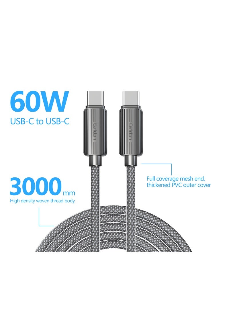 Earldom 3M USB-C to USB-C Fast Charging Cable – 60W (3A) Nylon Braided Power Cord for iPhone 16/16 Pro/16 Pro Max/16 Plus, 15 Series, iPad Pro/Mini 6, MacBook Pro, Samsung Galaxy S24/S23/S22 & All Type-C Devices – Black - Image 2