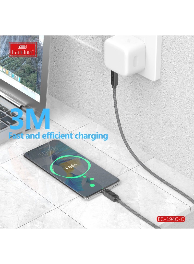 Earldom 3M USB-C to USB-C Fast Charging Cable – 60W (3A) Nylon Braided Power Cord for iPhone 16/16 Pro/16 Pro Max/16 Plus, 15 Series, iPad Pro/Mini 6, MacBook Pro, Samsung Galaxy S24/S23/S22 & All Type-C Devices – Black - Image 4