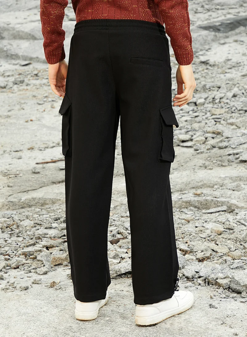 Campus Sutra Men's Onyx Black Straight-Fit Utility Trousers