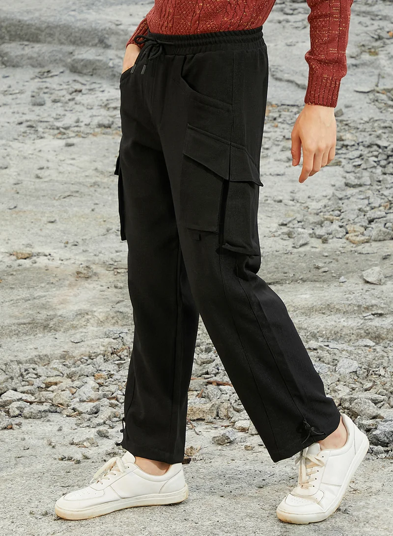 Campus Sutra Men's Onyx Black Straight-Fit Utility Trousers