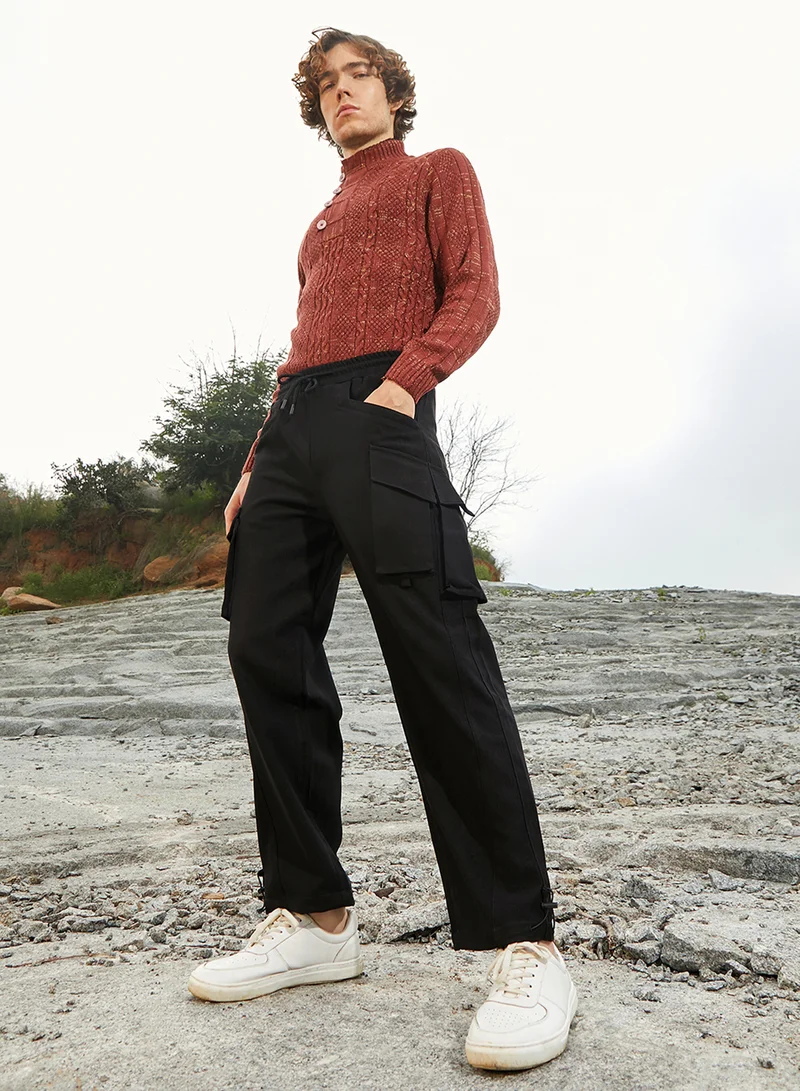 Campus Sutra Men's Onyx Black Straight-Fit Utility Trousers