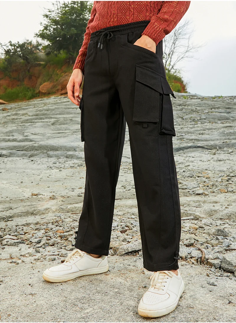 Campus Sutra Men's Onyx Black Straight-Fit Utility Trousers
