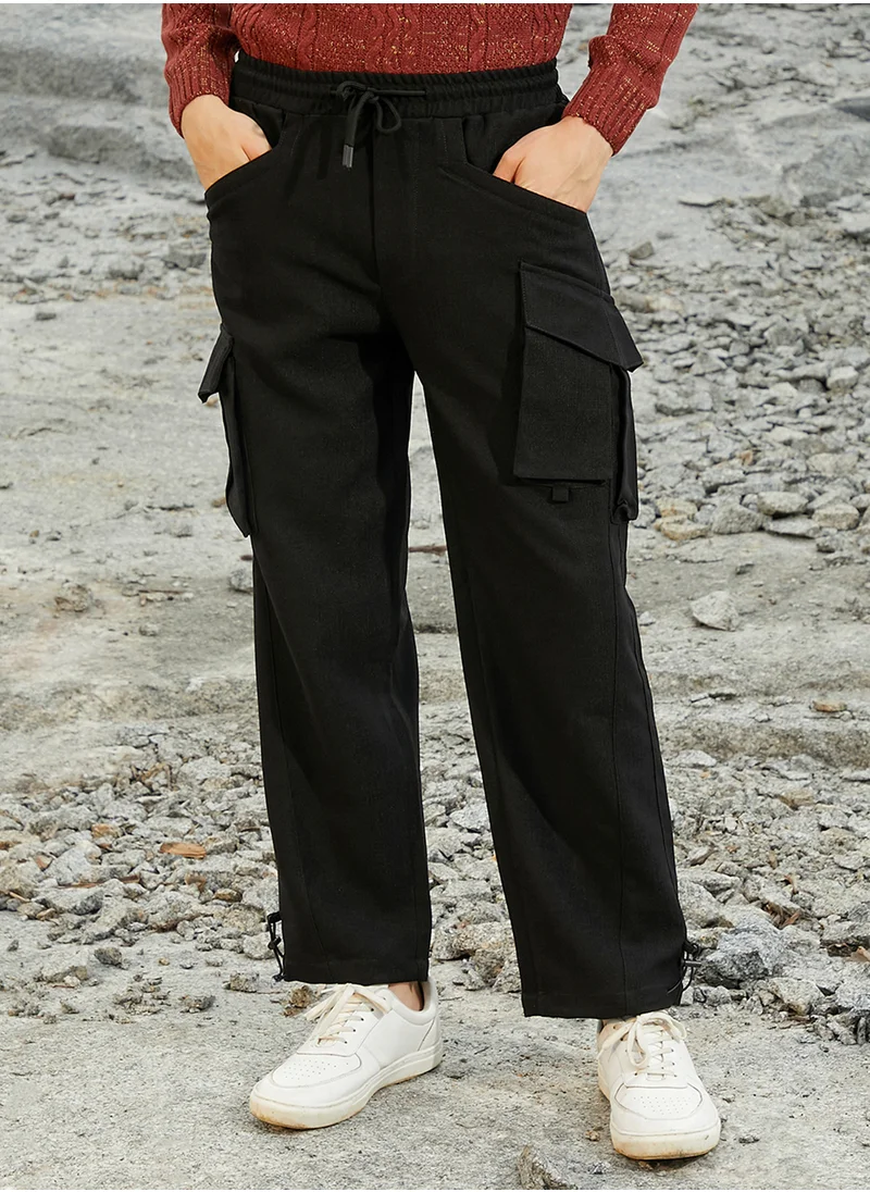 Campus Sutra Men's Onyx Black Straight-Fit Utility Trousers