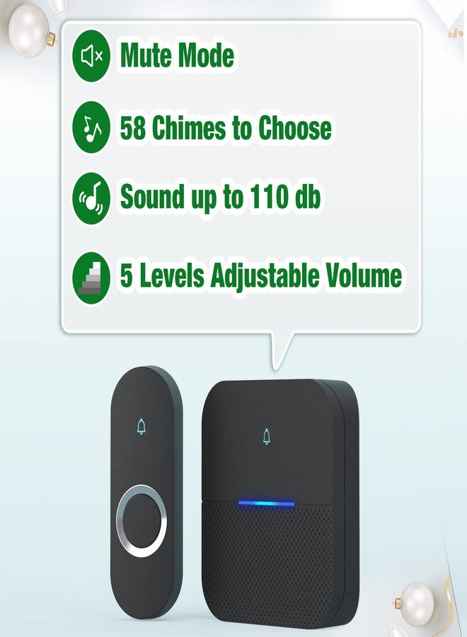 AIDA Wireless Doorbell, Black Waterproof Doorbell 1,000ft Range, 5 Volume Levels with 58 Doorbell Chimes & LED Flash (1 Receivers + 2 Transmitter) - Image 3