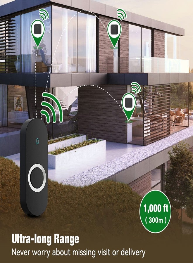 AIDA Wireless Doorbell, Black Waterproof Doorbell 1,000ft Range, 5 Volume Levels with 58 Doorbell Chimes & LED Flash (1 Receivers + 2 Transmitter) - Image 2